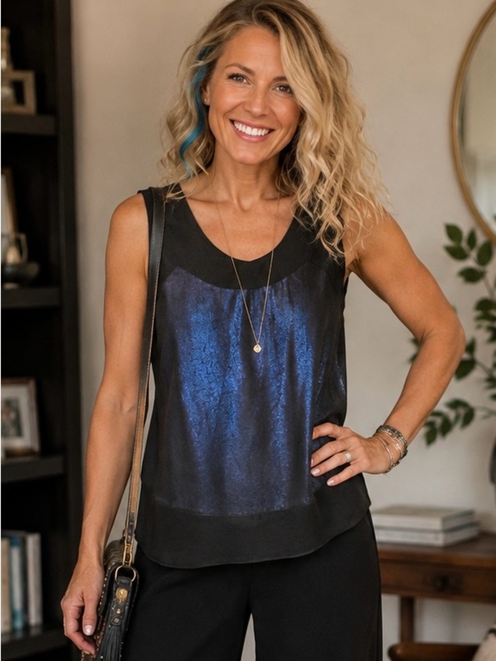 Fiori Black Metallic Blue Sleeveless Chiffon Blouse Top Medium